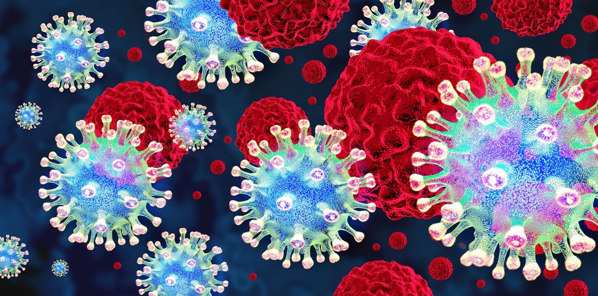 Spherical viruses with spiked membrane proteins on their surfaces surround larger suspended cancer cells. Spherical viruses with spiked membrane proteins on their surfaces surround larger suspended cancer cells.