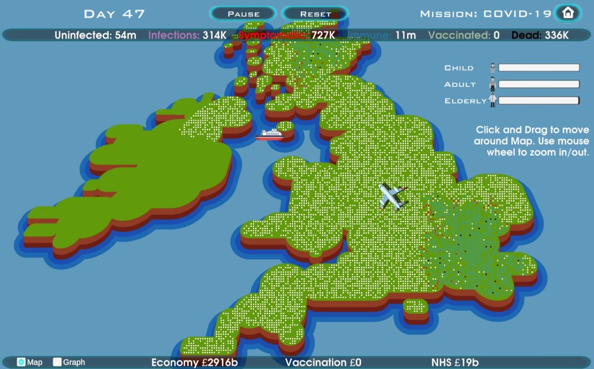 Clip showing the interface of the Virus Fighter game that includes a cartoon map of the UK that depicts viral spread and immunization coverage as dots. Clip showing the interface of the Virus Fighter game that includes a cartoon map of the UK that depicts viral spread and immunization coverage as dots.