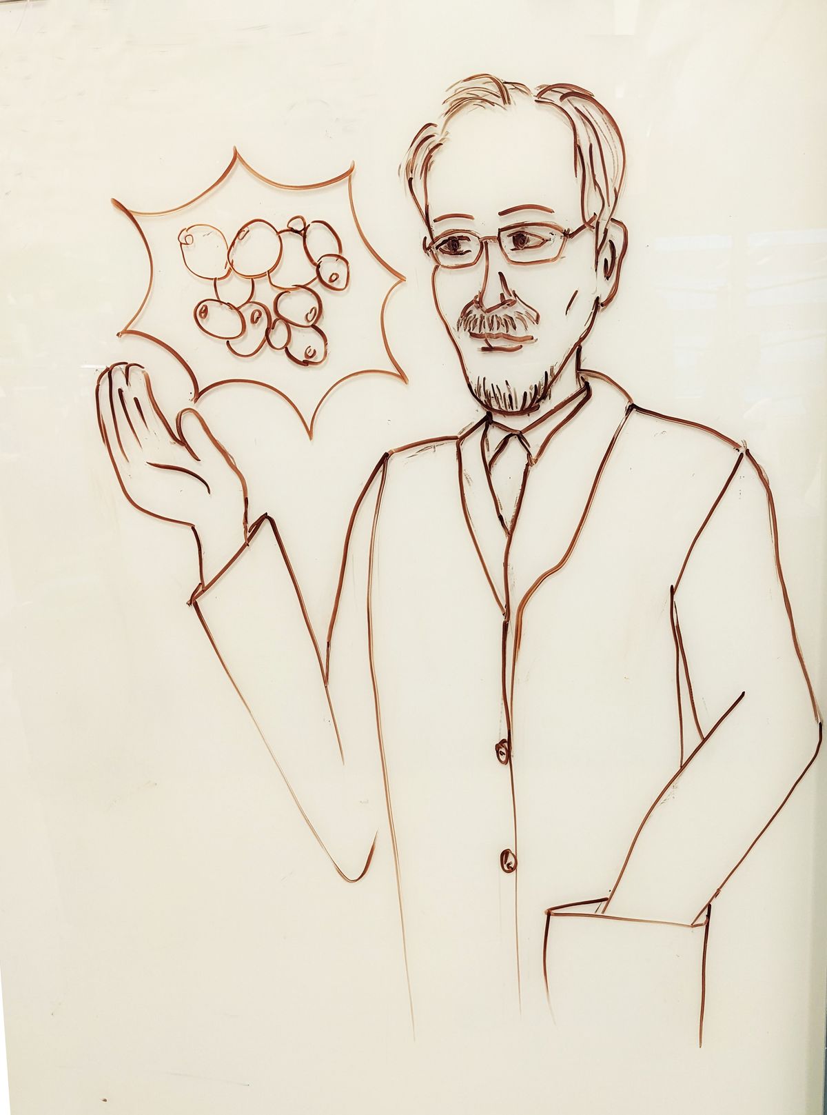 Image of a hand drawn image of Jef Boeke in a lab coat with budding yeast highlighted next to him. Image of a hand drawn image of Jef Boeke in a lab coat with budding yeast highlighted next to him.