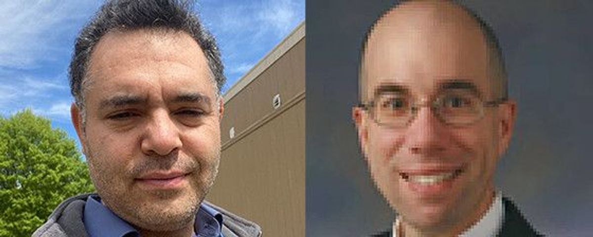 A combined image that shows two men. The man on the left is in front of a tree and a building. The man on the right is in front of a grey backdrop. A combined image that shows two men. The man on the left is in front of a tree and a building. The man on the right is in front of a grey backdrop.