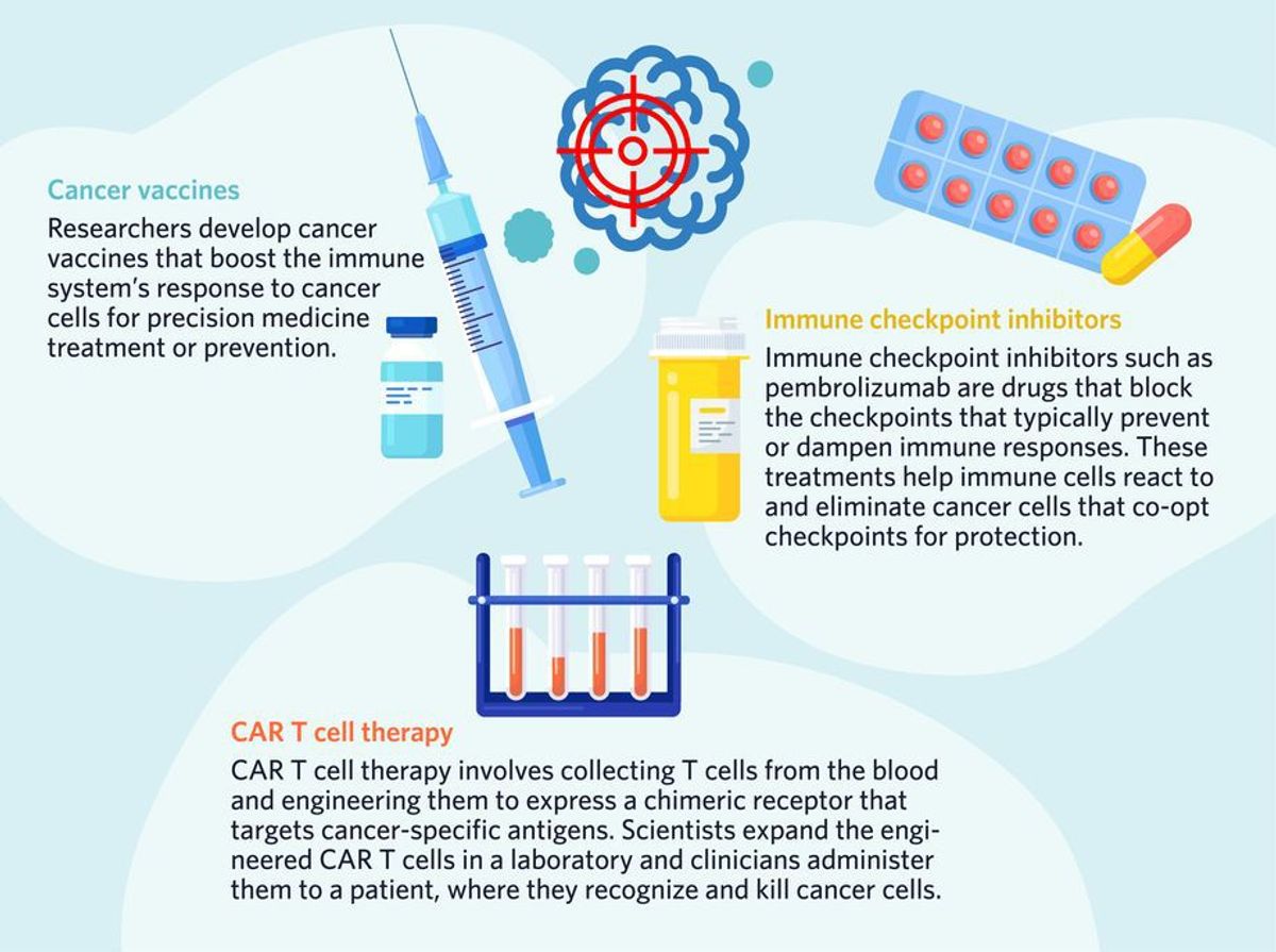 Cancer vaccines: Researchers develop cancer vaccines that boost the immune system’s response to cancer cells for precision medicine treatment or prevention. CAR T cell therapy: CAR T cell therapy involves collecting T cells from the blood and engineering them to express a chimeric receptor that targets cancer-specific antigens. Scientists expand the engineered CAR T cells in a laboratory and clinicians administer them to a patient, where they recognize and kill cancer cells. Immune checkpoint inhibitors: Immune checkpoint inhibitors such as pembrolizumab are drugs that block the checkpoints that typically prevent or dampen immune responses. These treatments help immune cells react to and eliminate cancer cells that co-opt checkpoints for protection. Cancer vaccines: Researchers develop cancer vaccines that boost the immune system’s response to cancer cells for precision medicine treatment or prevention. CAR T cell therapy: CAR T cell therapy involves collecting T cells from the blood and engineering them to express a chimeric receptor that targets cancer-specific antigens. Scientists expand the engineered CAR T cells in a laboratory and clinicians administer them to a patient, where they recognize and kill cancer cells. Immune checkpoint inhibitors: Immune checkpoint inhibitors such as pembrolizumab are drugs that block the checkpoints that typically prevent or dampen immune responses. These treatments help immune cells react to and eliminate cancer cells that co-opt checkpoints for protection.