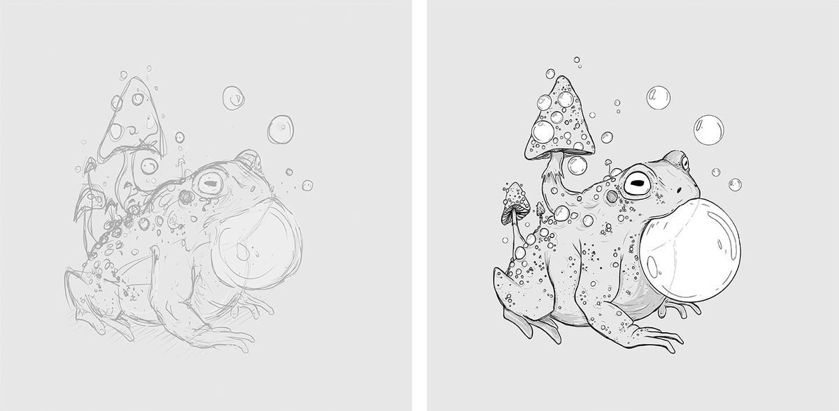 Sketch on the left and final drawing to the right, of a toad with mushrooms growing from its back. Sketch on the left and final drawing to the right, of a toad with mushrooms growing from its back.