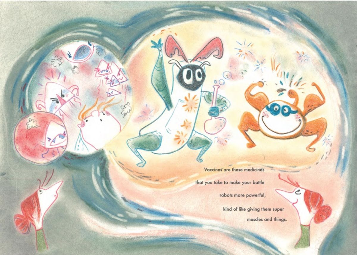 A page from the children’s book Battle Robots of the Blood depicting two immune cells as powerful robots that can battle viruses after they get help from a vaccine. A page from the children’s book Battle Robots of the Blood depicting two immune cells as powerful robots that can battle viruses after they get help from a vaccine.