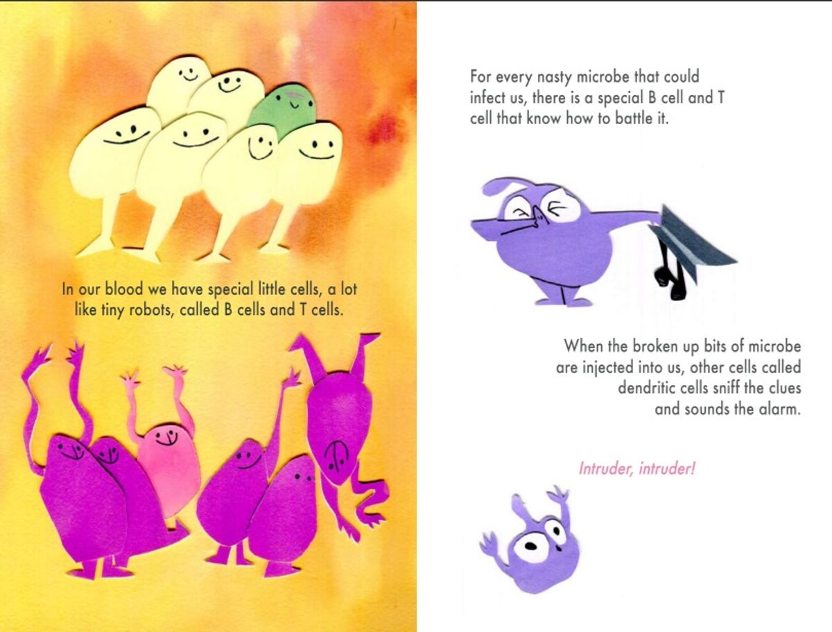 A page from the children’s book Maya’s Marvellous Medicine depicting cartoon microbes, T cells, and B cells. A page from the children’s book Maya’s Marvellous Medicine depicting cartoon microbes, T cells, and B cells.