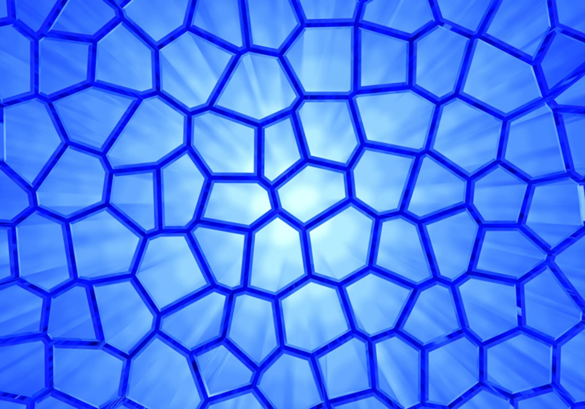 3D rendering of a blue honeycomb-like network backlit by a white light. 3D rendering of a blue honeycomb-like network backlit by a white light.