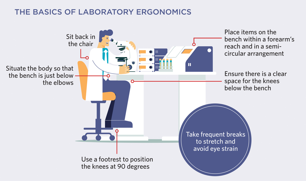 A cartoon of a scientist sitting at a laboratory bench while following proper ergonomics. Tips for good ergonomics practices are listed. A cartoon of a scientist sitting at a laboratory bench while following proper ergonomics. Tips for good ergonomics practices are listed.